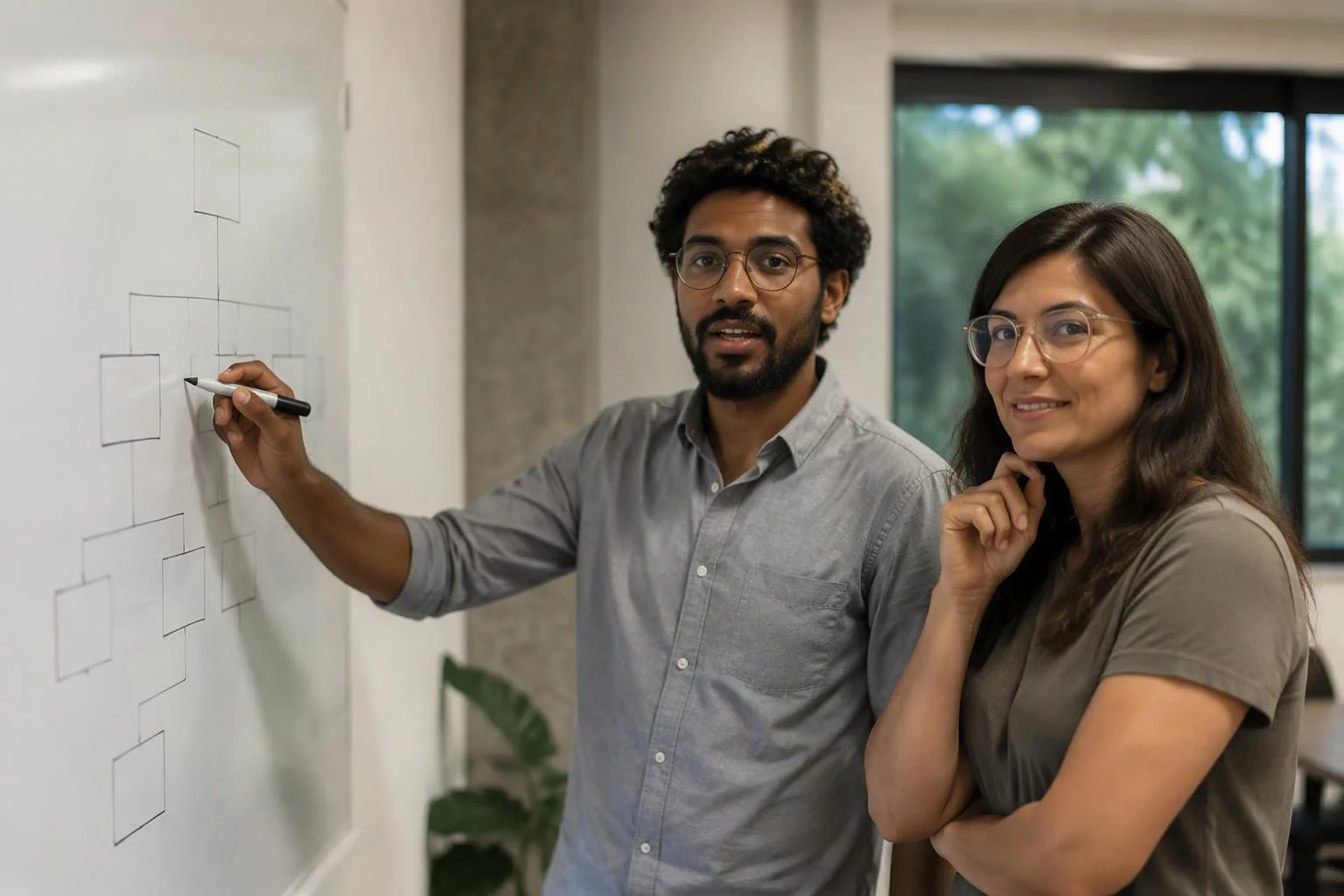 Duas pessoas diante de um quadro com o desenho dos papéis da empresa